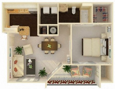 Floor plan for 1 bed, 1 bath, 651 sqft